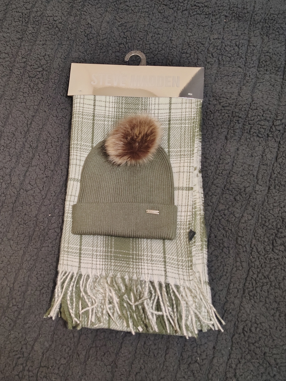 Steve Madden Olive Ribbed Beanie with Faux Fur Pom & Plaid Scarf Set